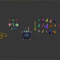 Gray Background With Blue Cauldron Green Liquid Balance Scale Gems And Colorful Icons With Reflections
