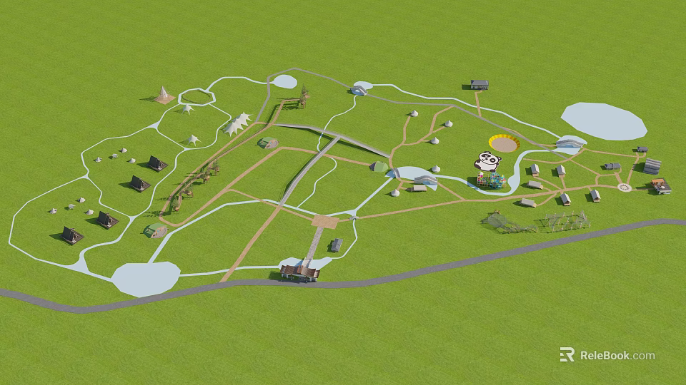Entrance Gate Design In Park Layout With Green Grass And Road Network 3d model 