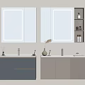 Modern Double Washbasin Vanity With LED Mirrors Gray Cabinets And Decorative Items