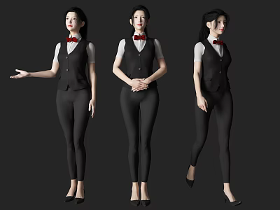 Woman Wearing Black Vest White Shirt Black Pants Red Bow Tie High Heels Various Poses 3d model