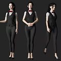 Woman Wearing Black Vest White Shirt Black Pants Red Bow Tie High Heels Various Poses