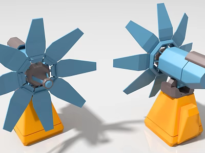 Industrial Equipment Design With Blue Turbine Blades And Yellow Base Stands 3d model