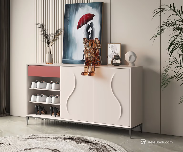 Modern Shoe Cabinet With White Body Red Drawers Decorative Ornaments And Potted Plants 3d model 