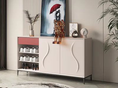 Modern Shoe Cabinet With White Body Red Drawers Decorative Ornaments And Potted Plants 3d model