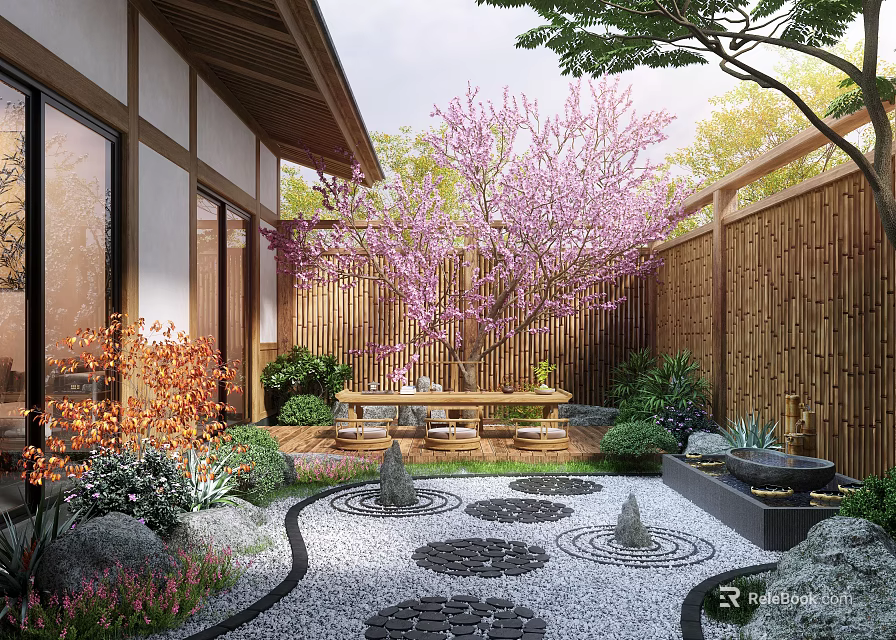 Zen Courtyard Garden With Pink Flowering Tree Bamboo Fence Circular Stone Stepping Stones And Stone Lanterns 3d model 