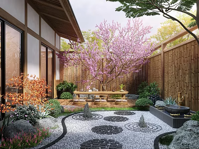 Zen Courtyard Garden With Pink Flowering Tree Bamboo Fence Circular Stone Stepping Stones And Stone Lanterns 3d model