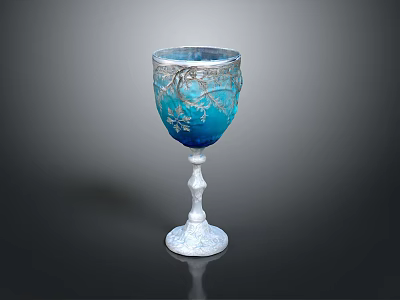 Elegant Blue Glass Goblet With Silver Floral Patterns And White Base 3d model