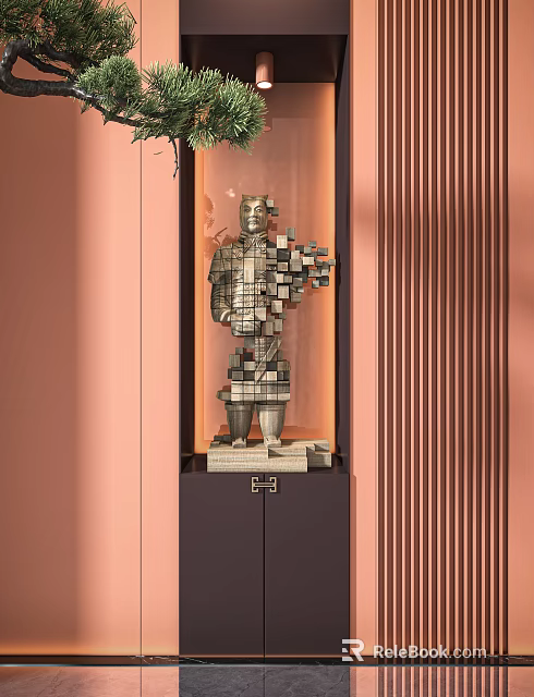Terracotta Warrior Style Sculpture Composed Of Cubic Blocks With Display Cabinet 3d model 