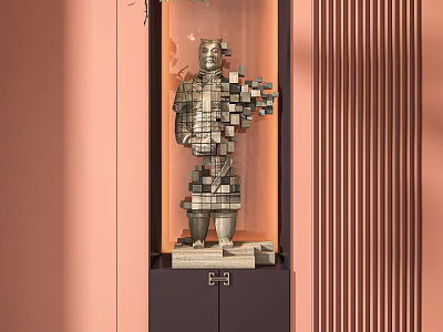 Terracotta Warrior Style Sculpture Composed Of Cubic Blocks With Display Cabinet 3d model