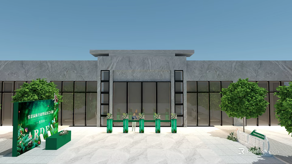 Gray Marble Building Entrance With Glass Doors Green Decorations And Trees 3d model 
