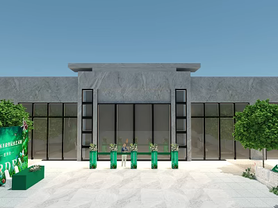 Gray Marble Building Entrance With Glass Doors Green Decorations And Trees 3d model