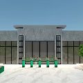 Gray Marble Building Entrance With Glass Doors Green Decorations And Trees