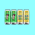 ALKA Beverage Four Cans With Green And Yellow Cartoon Characters On Light Blue Background