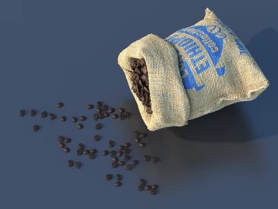 Open Jute Coffee Bag With Spilled Coffee Beans On Dark Background 3d model