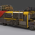 Vintage Yellow Train With Rusty Metal Body Roof Loaded Cargo Red Cloth And Barbed Wire