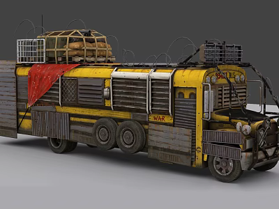 Vintage Yellow Train With Rusty Metal Body Roof Loaded Cargo Red Cloth And Barbed Wire 3d model