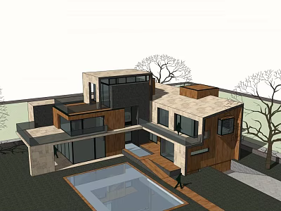 Modern Detached Villa With Large Glass Windows Swimming Pool And Surrounding Trees 3d model