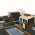 Modern Detached Villa With Large Glass Windows Swimming Pool And Surrounding Trees