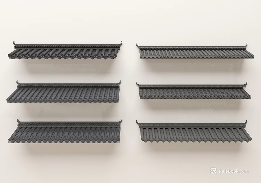 Six Traditional Black Tile Roof Components Neatly Arranged On White Background 3d model 