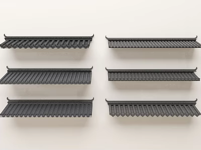 Six Traditional Black Tile Roof Components Neatly Arranged On White Background 3d model