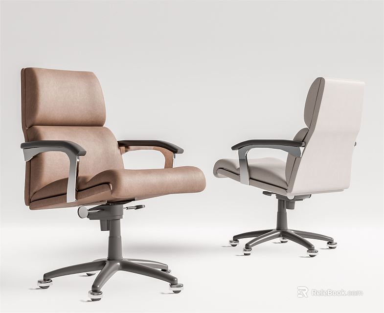Brown and Beige Leather Office Chairs With Armrests And Swivel Wheels Base 3d model 