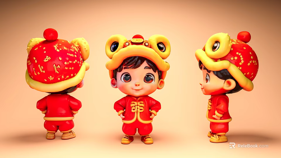 Cute Traditional Boy Wearing Red Outfit With Golden Hat Decoration From Three Angles 3d model 