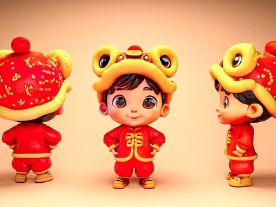 Cute Traditional Boy Wearing Red Outfit With Golden Hat Decoration From Three Angles 3d model