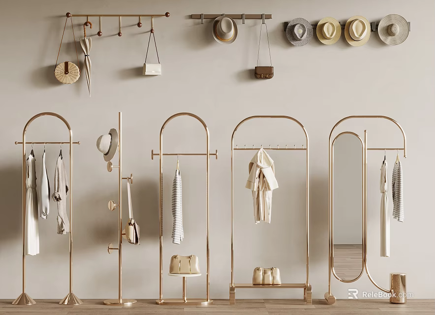 Stylish Clothes On Golden Racks With Accessories 3d model 