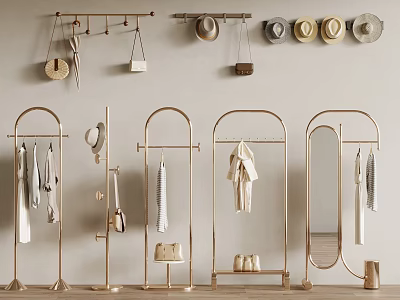 Stylish Clothes On Golden Racks With Accessories 3d model