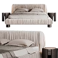 Elegant Double Bed With Pleated Beige Headboard Soft Pillows Cozy Throw Blanket And Wooden Nightstand