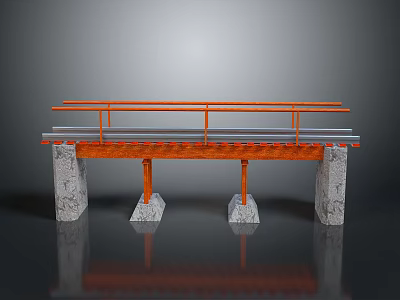 Train Crossing Railway Bridge With Concrete Piers And Orange Railings 3d model