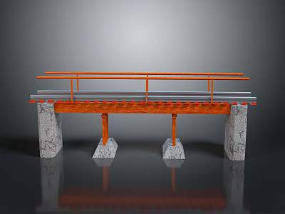 Train Crossing Railway Bridge With Concrete Piers And Orange Railings 3d model Train Crossing Railway Bridge With Concrete Piers And Orange Railings 3d model