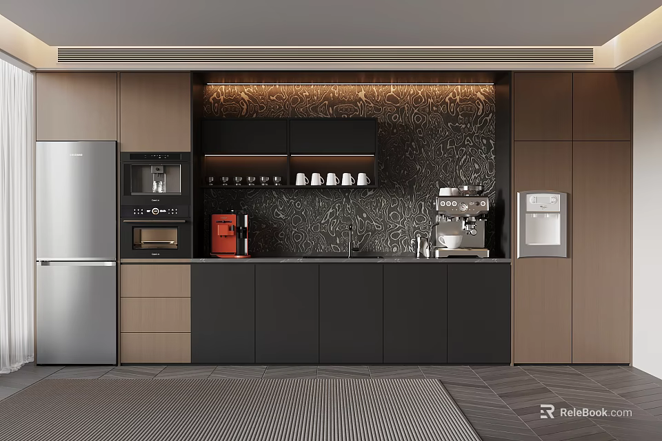 Modern Tea Room Interior With Stainless Steel Refrigerator Coffee Machine And Cabinets 3d model 