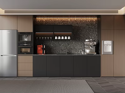 Modern Tea Room Interior With Stainless Steel Refrigerator Coffee Machine And Cabinets 3d model