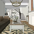 Elegant Living And Dining Room Interior With Brown Sofa Coffee Table Chandelier And Vase Flowers