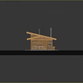 Small Wooden House With Dark Roof Chimney And Windows On Grass Lawn Concrete Foundation