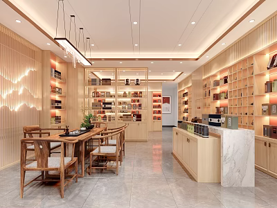 Specialty Store Interior With Wooden Walls Shelves Displayed Products Table Chairs Marble Counter Hanging Lights 3d model