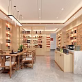 Specialty Store Interior With Wooden Walls Shelves Displayed Products Table Chairs Marble Counter Hanging Lights