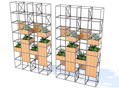 Modern Multi Tiered Metal Frame Plant Stands With Wooden Planters For Green Plant 3d model