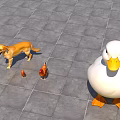 Playful Yellow Dog With Brown Chicken Small Chicken And White Duck On Gray Tiled Floor