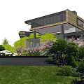 Modern Hotel Building With Green Surroundings Outdoor Terrace And Water Feature