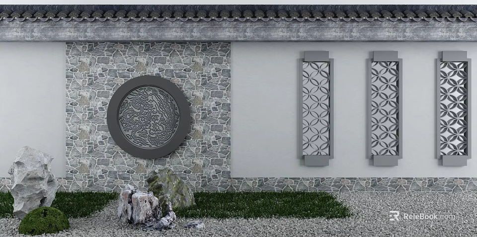 Classic Building Exterior Wall Featuring Stone Finish Circular Decor And Rectangular Lattice Designs 3d model