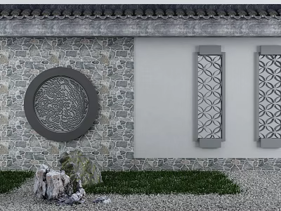 Classic Building Exterior Wall Featuring Stone Finish Circular Decor And Rectangular Lattice Designs 3d model