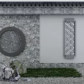 Classic Building Exterior Wall Featuring Stone Finish Circular Decor And Rectangular Lattice Designs 3d model
