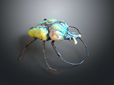Vibrant Green Blue Golden Metallic Textured Beetle With Long Antennae And Legs 3d model
