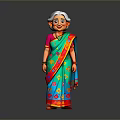 Elderly woman in traditional colorful sari with red and blue patterns and white headscarf