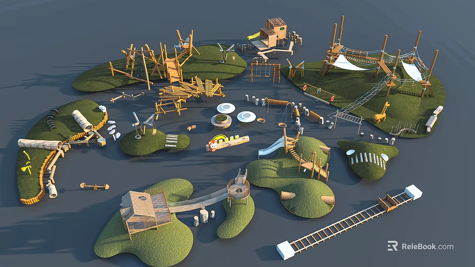 Outdoor Playground Equipment With Wooden Climbing Frames Slides Swings And Grass Platforms 3d model 