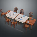 Wooden Dining Table With White Tablecloth And Six Wooden Chairs Green Bottles Blue Plates