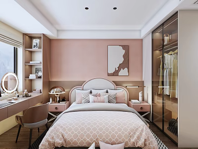 Kids Room With Pink Walls Bed Pillows Dressing Table Mirror Glass Door Closet And Artwork 3d model