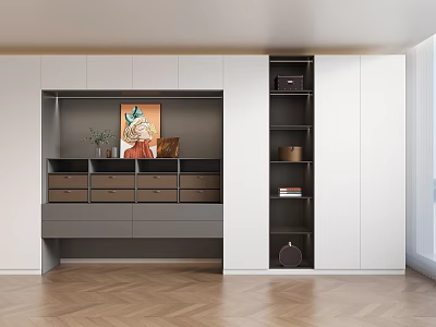 Modern Wardrobe Interior Design With White Gray Cabinets Drawers Open Shelves And Artwork 3d model